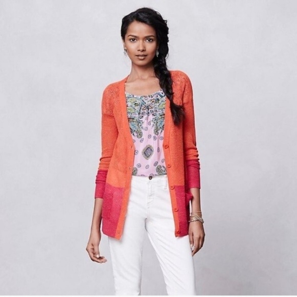 Anthropologie Moth Colorblock Pointelle Cardigan in Orange & Pink Size XS *READ* - Picture 14 of 14